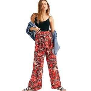 Free People Red Paisley Print Wide-Leg Boho Pants XS Pockets Double Trouble